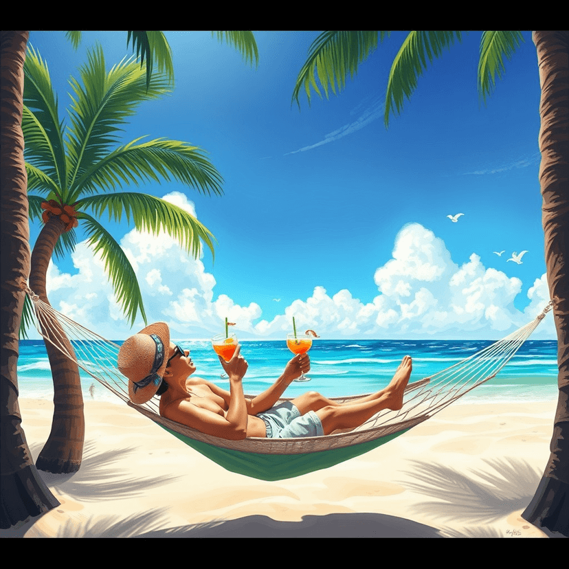 A person relaxing in a hammock between two palm trees on a sunny beach, with a cocktail in hand, representing a carefree state of mind.