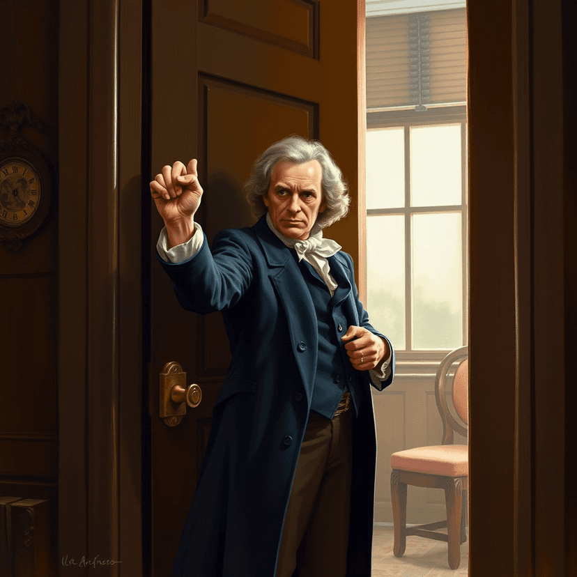 Samuel Adams, locking the door of the meeting room, his expression resolute, conveying the gravity of the situation.