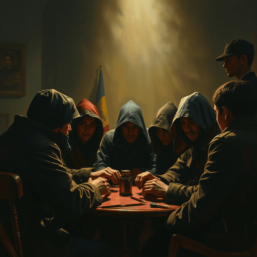 A clandestine meeting of revolutionaries, their faces hidden in the shadows, the atmosphere tense with anticipation.