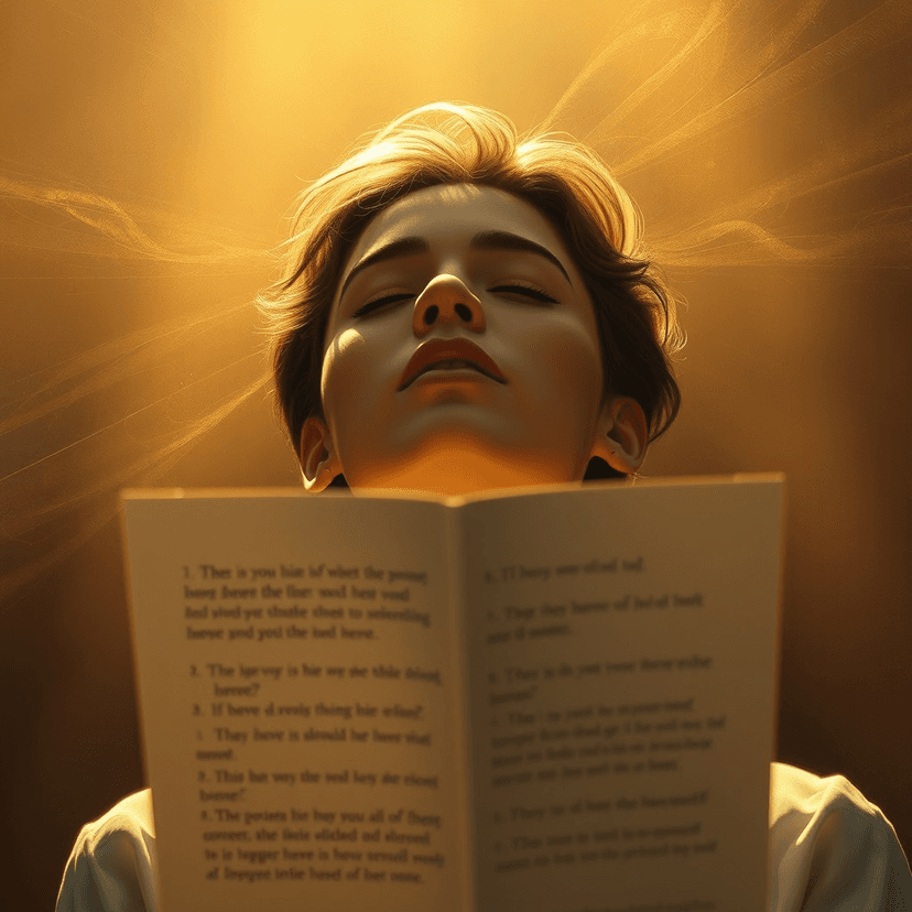 The same person now facing us, surrounded by golden light, eyes closed, and feeling empowered as they read the statement.
