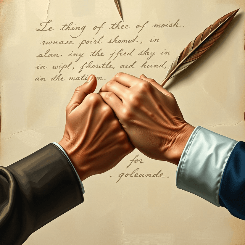 Two hands clasped firmly against a backdrop of parchment and quill, signifying the power of collaboration and shared purpose.