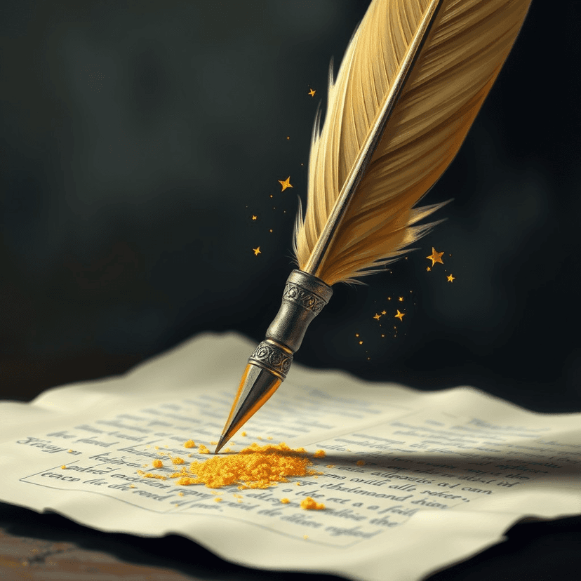 A quill pen writing eloquently on a parchment scroll, with gold dust sprinkling down from the tip.