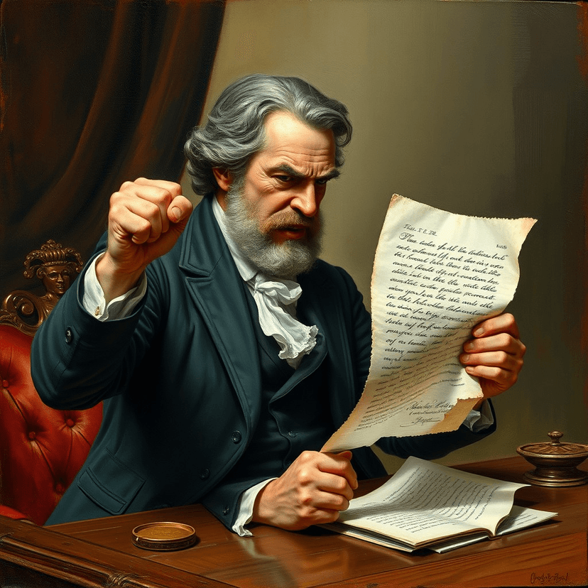 Governor Gage, enraged, pounding his fist on the table, as he reads Adams' defiant response, ripping the letter in half.