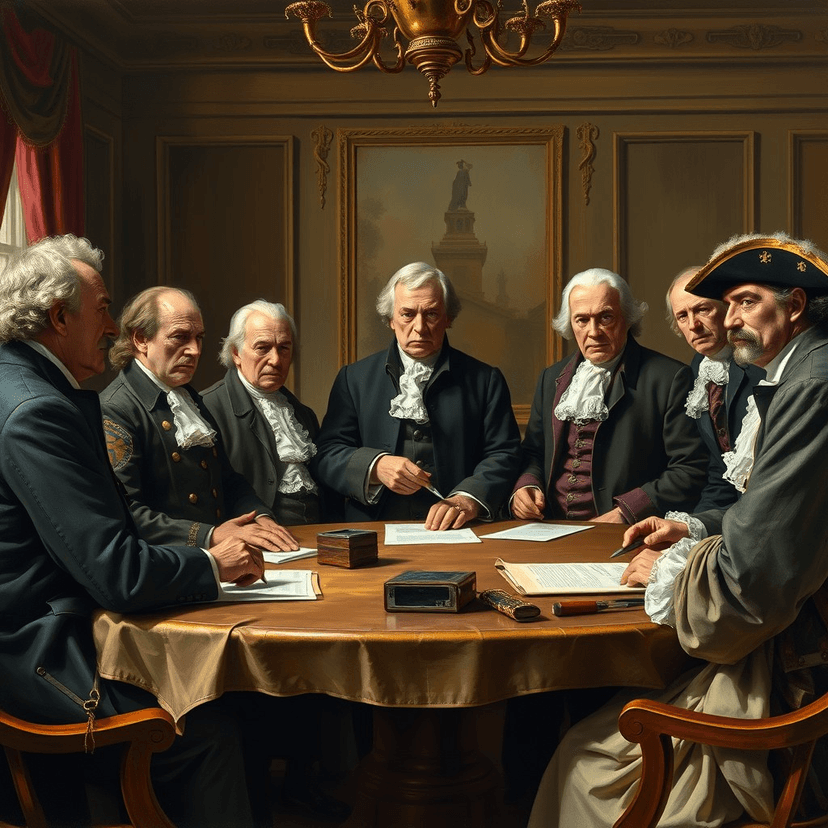 A group of stern-faced British officials gathered around a table, strategizing their response to the growing unrest in the colonies.
