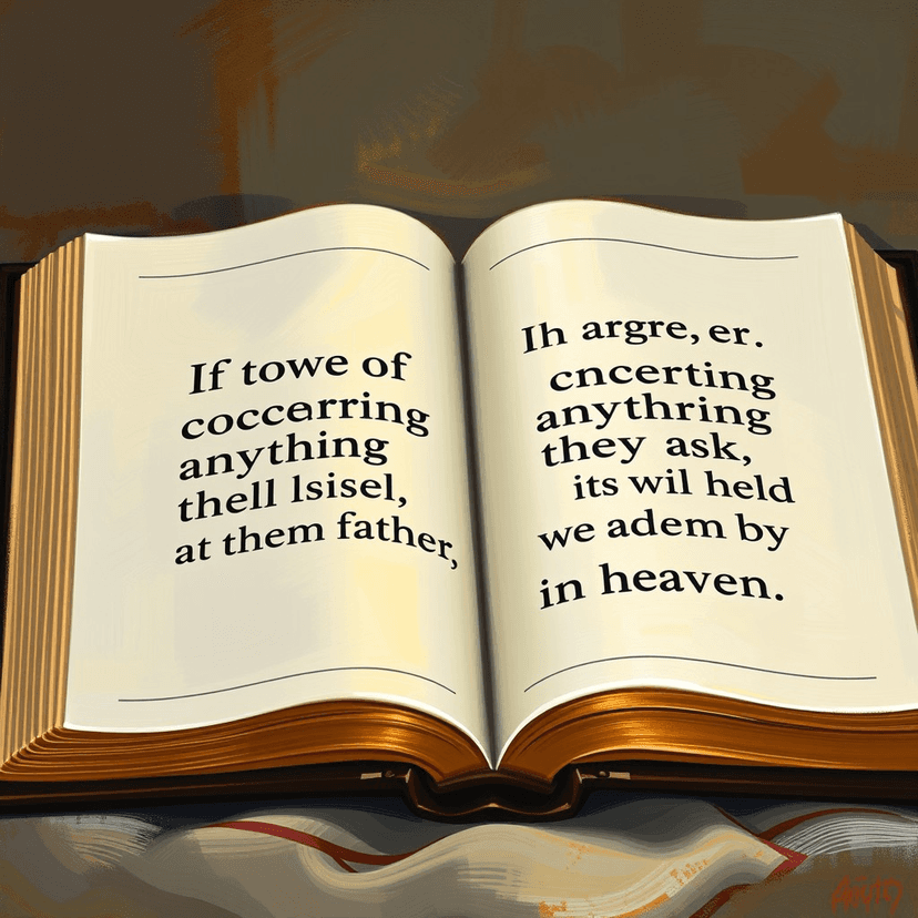 An open bible showcasing the verse: 'If two of you agree on earth concerning anything that they ask, it will be done for them by My Father in heaven.