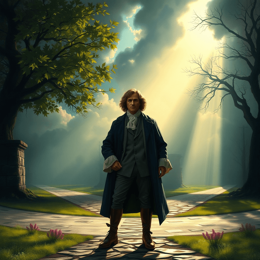 Samuel Adams standing at a crossroads, one path bathed in sunlight, representing comfort and wealth, the other shrouded in darkness, representing danger and uncertainty.
