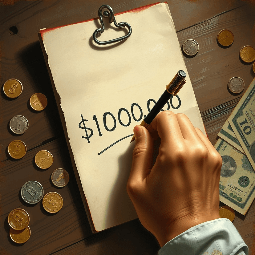 A determined hand writing "$1,000,000" on an old-fashioned notepad, with coins and bills scattered around it.