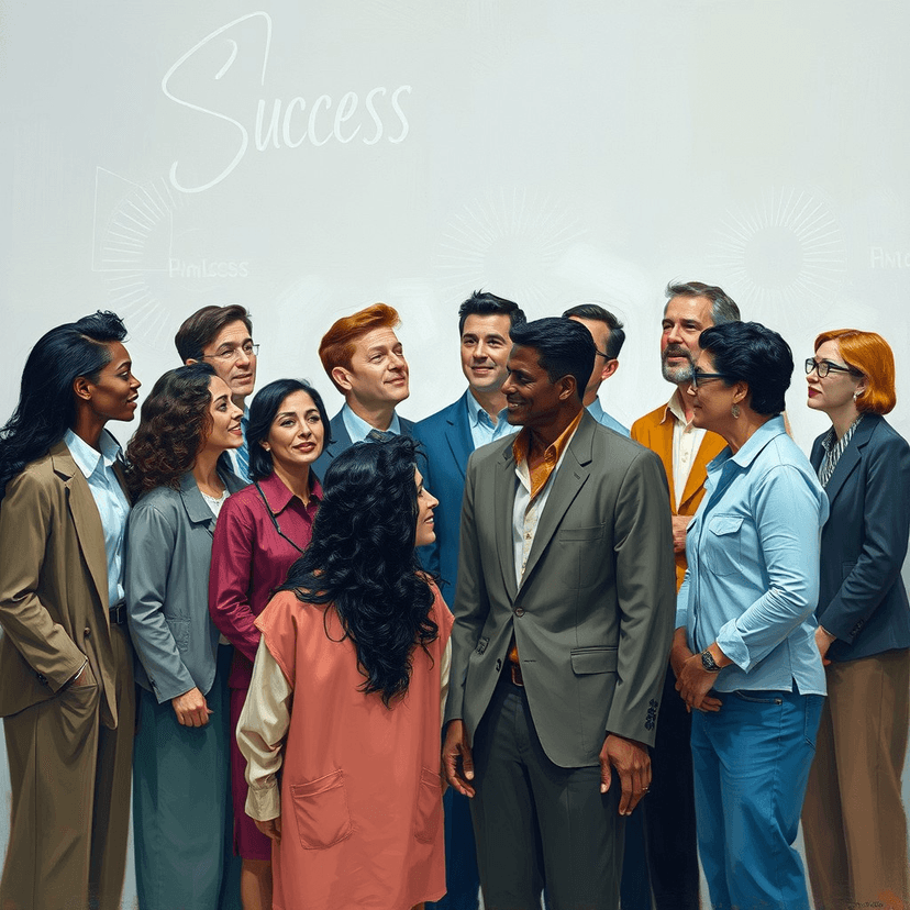 A diverse group of people from different backgrounds and professions coming together, illustrating that success principles are universal.