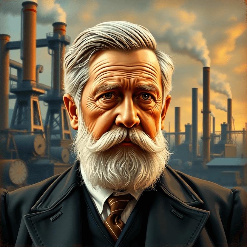 A portrait of Andrew Carnegie with a backdrop of a bustling steel mill, representing his journey from laborer to steel tycoon.