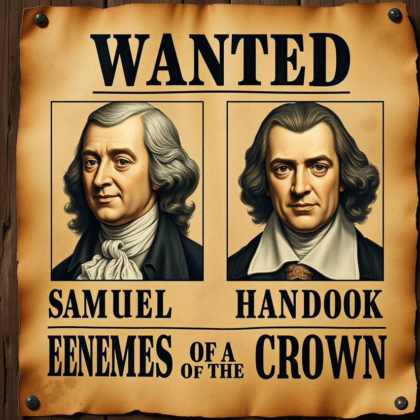 A wanted poster with the faces of Samuel Adams and John Hancock, their names highlighted, marking them as enemies of the Crown.
