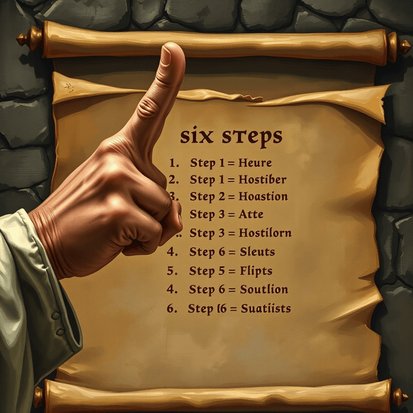 A finger pointing emphatically at the six steps, written on an ancient scroll.