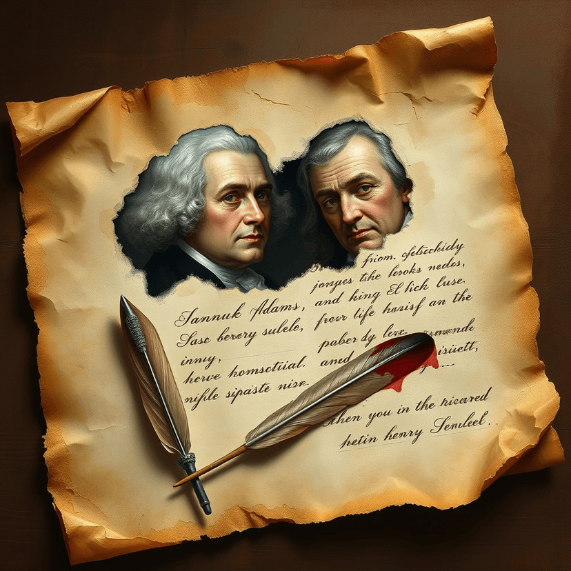 A weathered parchment with quill and ink, depicting letters being exchanged between Samuel Adams and Richard Henry Lee, their faces subtly emerging from the parchment.