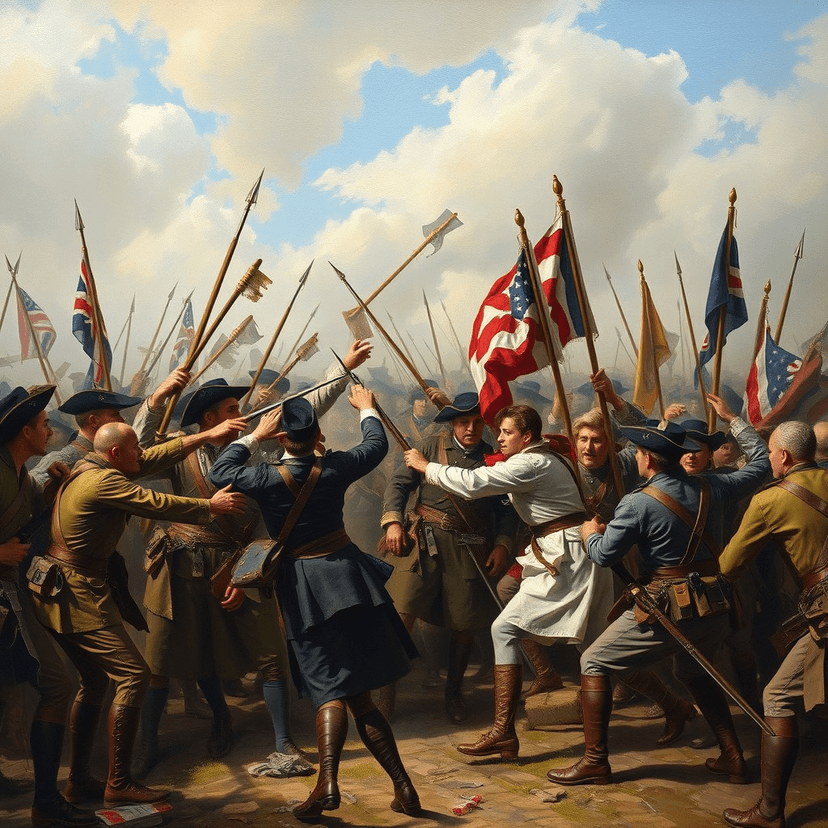 A chaotic scene of individual colonists clashing with British soldiers, their efforts scattered and ineffective.