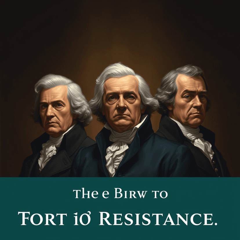 Three figures illuminated against a dark background - Adams, Hancock, and Lee - their faces determined, their posture unwavering, signifying the birth of true resistance.