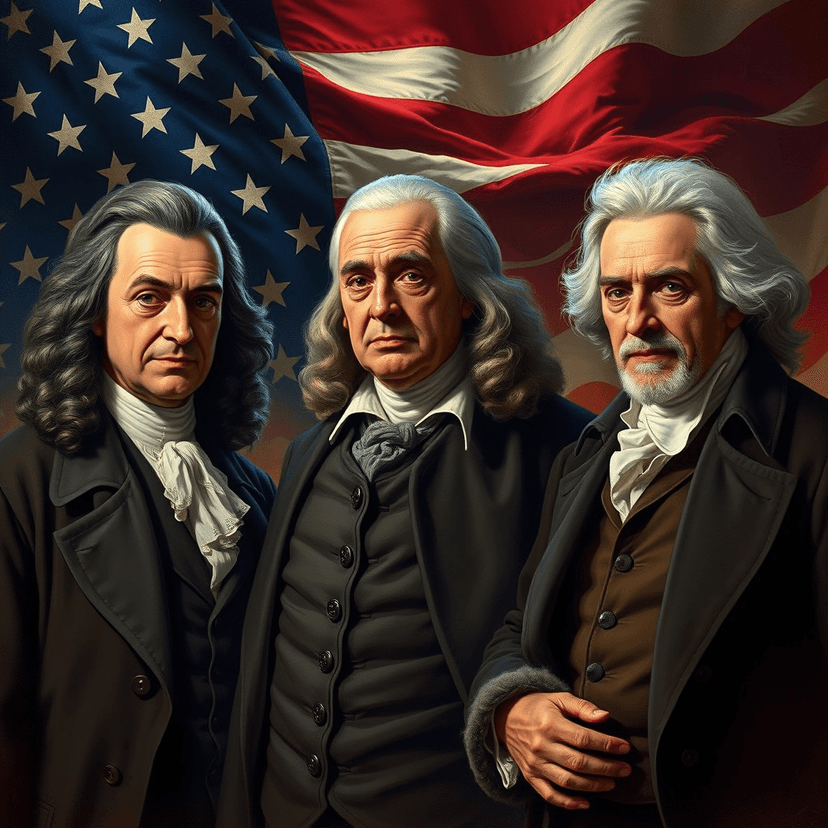 Portraits of John Hancock, Samuel Adams, and Richard Henry Lee, illuminated dramatically against a backdrop of the American flag.