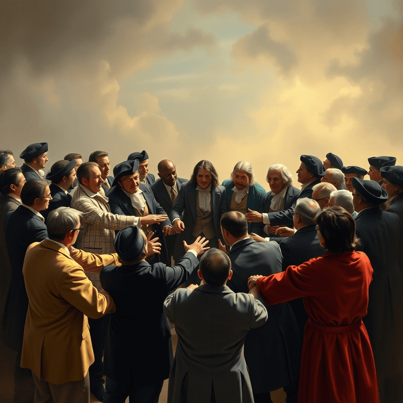 A grand depiction of the Committee of Correspondence, showing representatives from all thirteen colonies coming together, their hands interlocked, forming a powerful circle of unity.