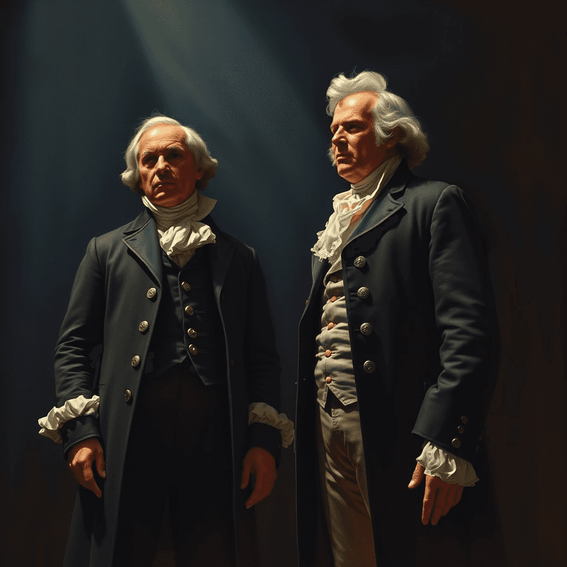 Adams and Hancock, spotlighted on a darkened stage, symbolizing the perilous position they were in.