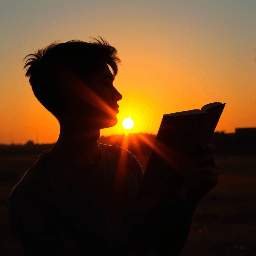 A person silhouetted against the sunrise, confidently reading from a book held in their hands, while feeling the warmth of the sun on their face.