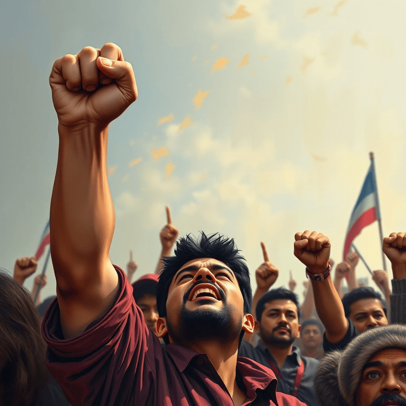 A powerful image of a clenched fist raised high, embodying the spirit of revolution and the collective will of the people.