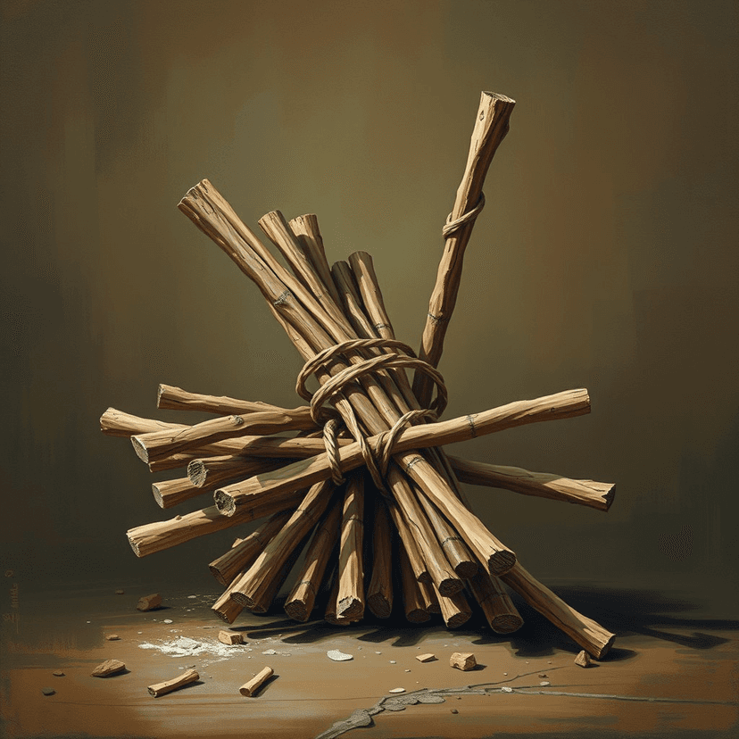 A bundle of sticks bound together, signifying the strength found in unity, contrasted with a single stick easily broken.