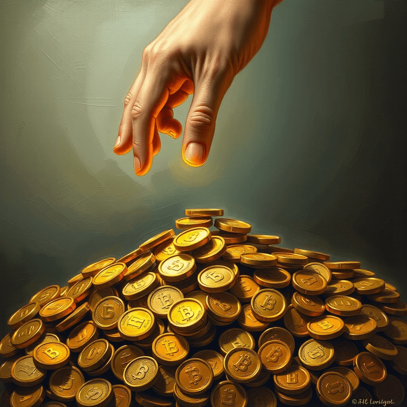 A hand reaching out to touch a pile of gold coins, just inches away, symbolizing the proximity of achieving one's goals.