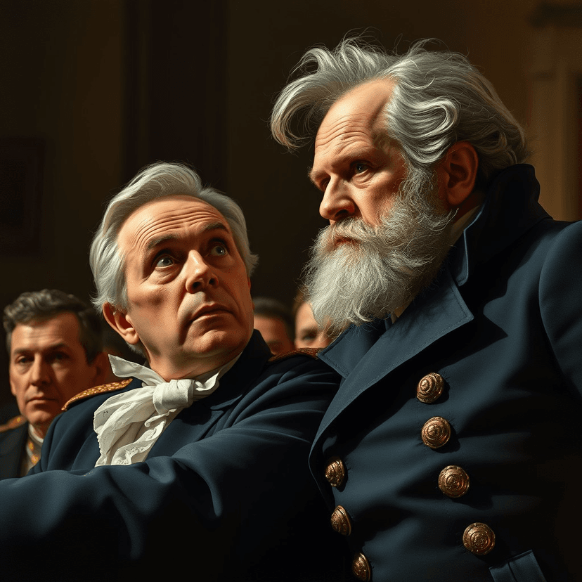 Colonel Fenton leaning in, his face a mix of astonishment and admiration, as he listens to Adams' defiant response.