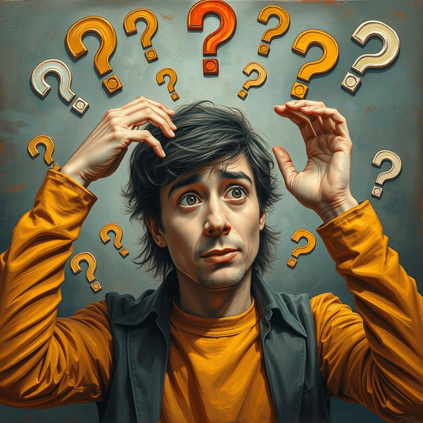 A confused person scratching their head, surrounded by question marks, representing the skepticism of those unfamiliar with the power of the mind.