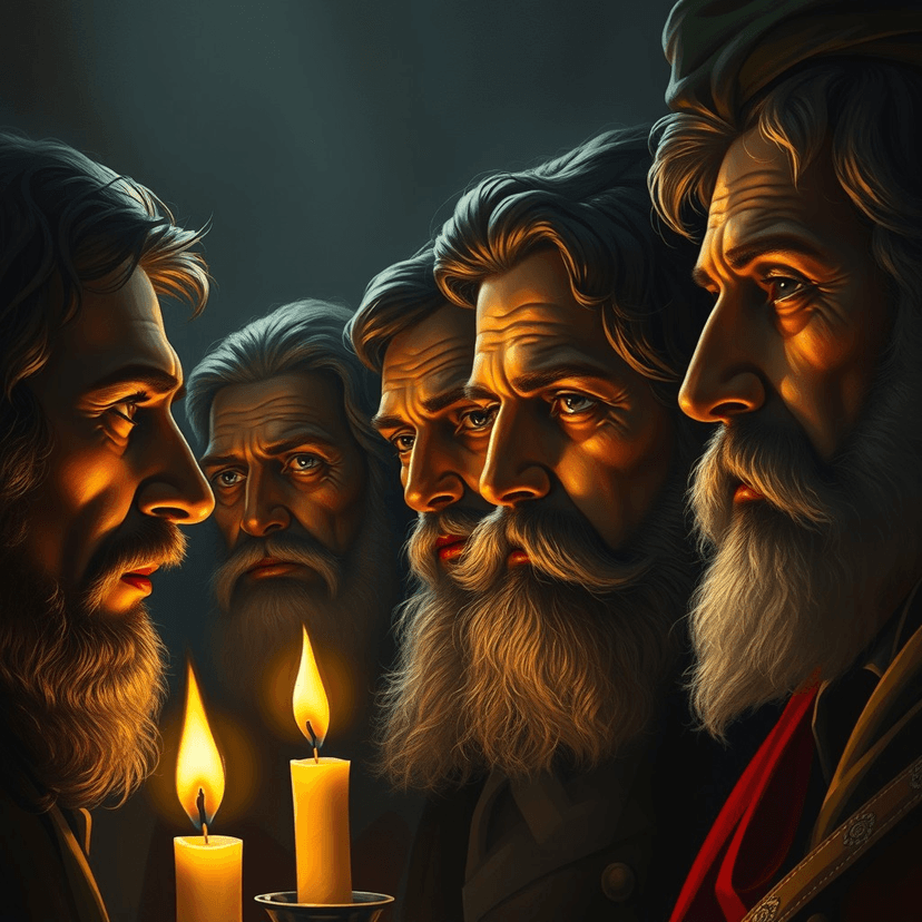 The faces of the revolutionaries, lit by candlelight, reflecting their unwavering determination to form a Congress.