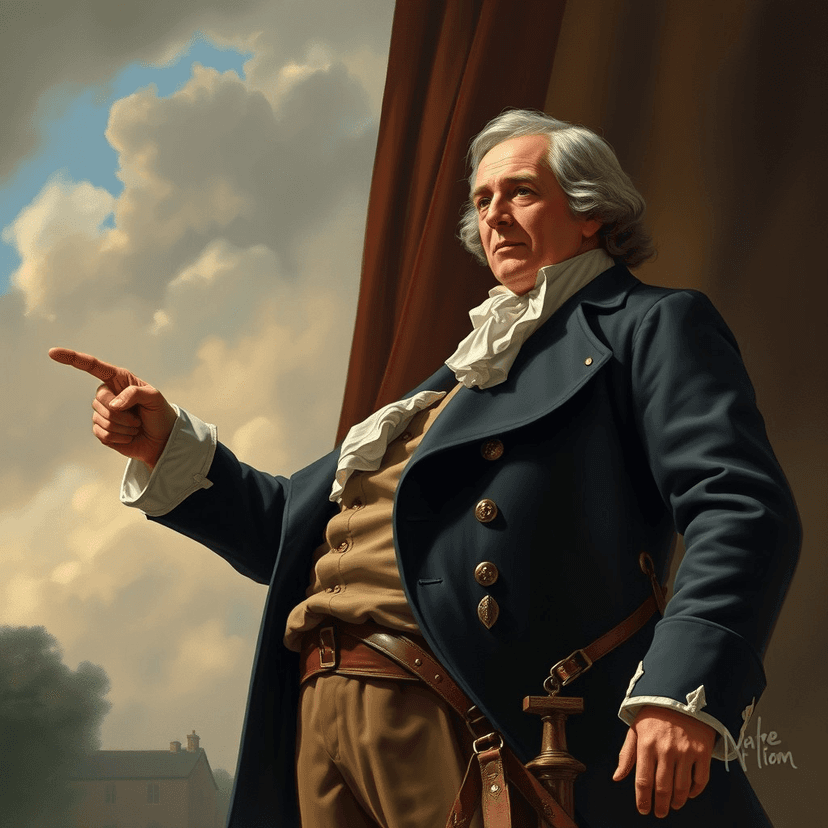 Samuel Adams, standing tall, pointing his finger at Colonel Fenton, as he delivers the final words of his message for Gage.