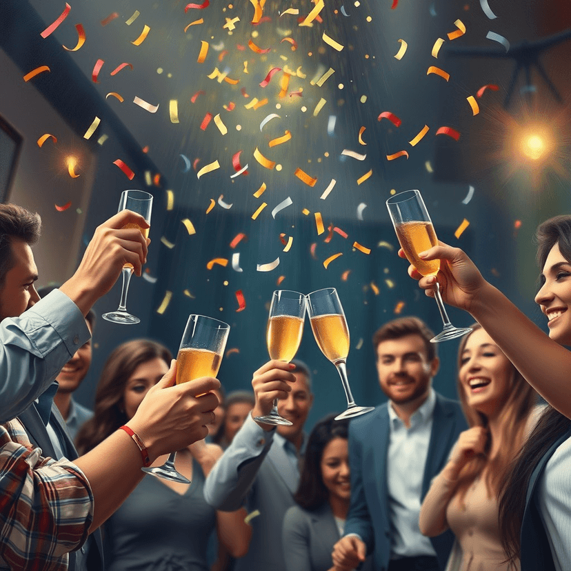 People celebrating with confetti raining down, champagne flutes clinking, symbolizing the joy and abundance of financial success.