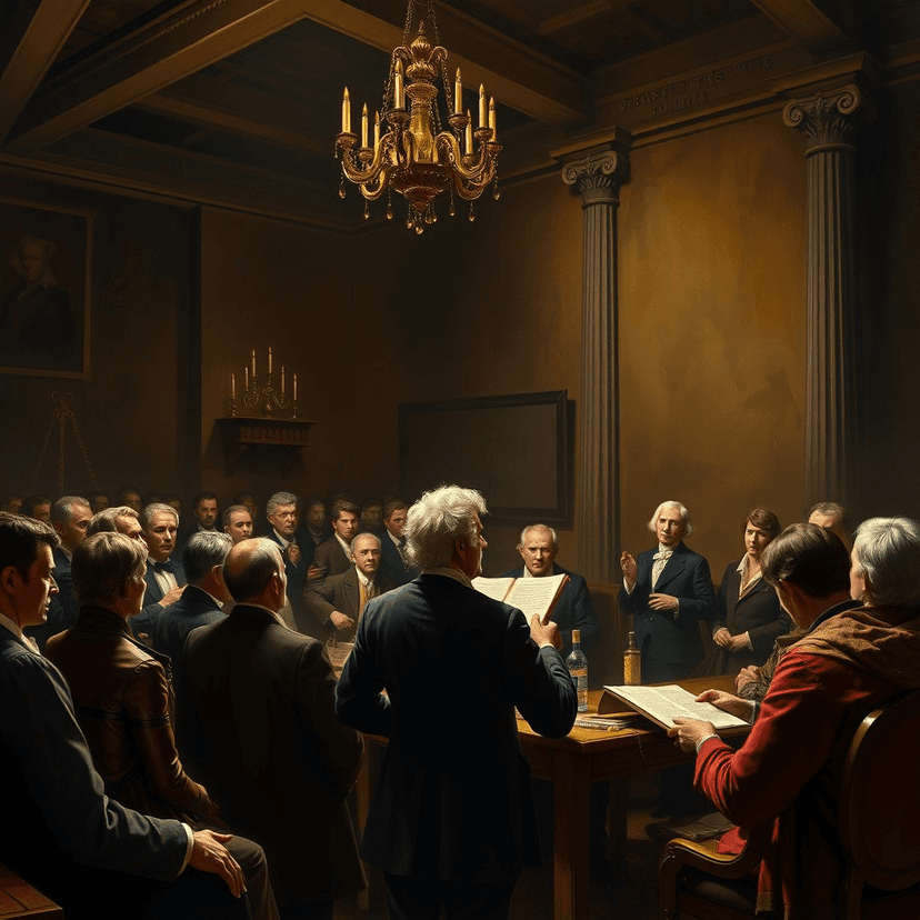 A dimly lit room where the Assembly met, with Adams passionately presenting his proposal, his words echoing with conviction.