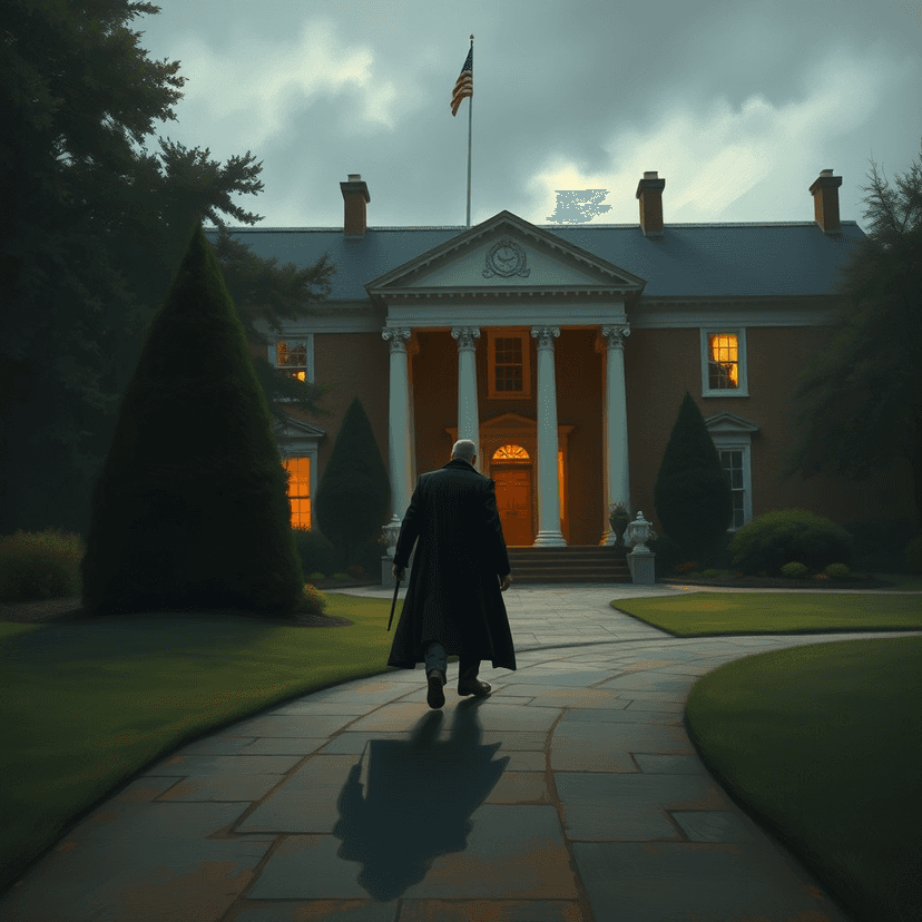 A shadowy figure approaching a stately home, carrying a message that would test the mettle of a nation.