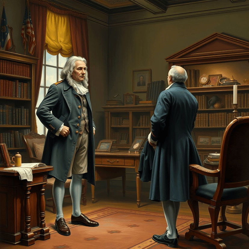 Samuel Adams standing tall in his study, facing Colonel Fenton, who tries to intimidate him with promises and threats.