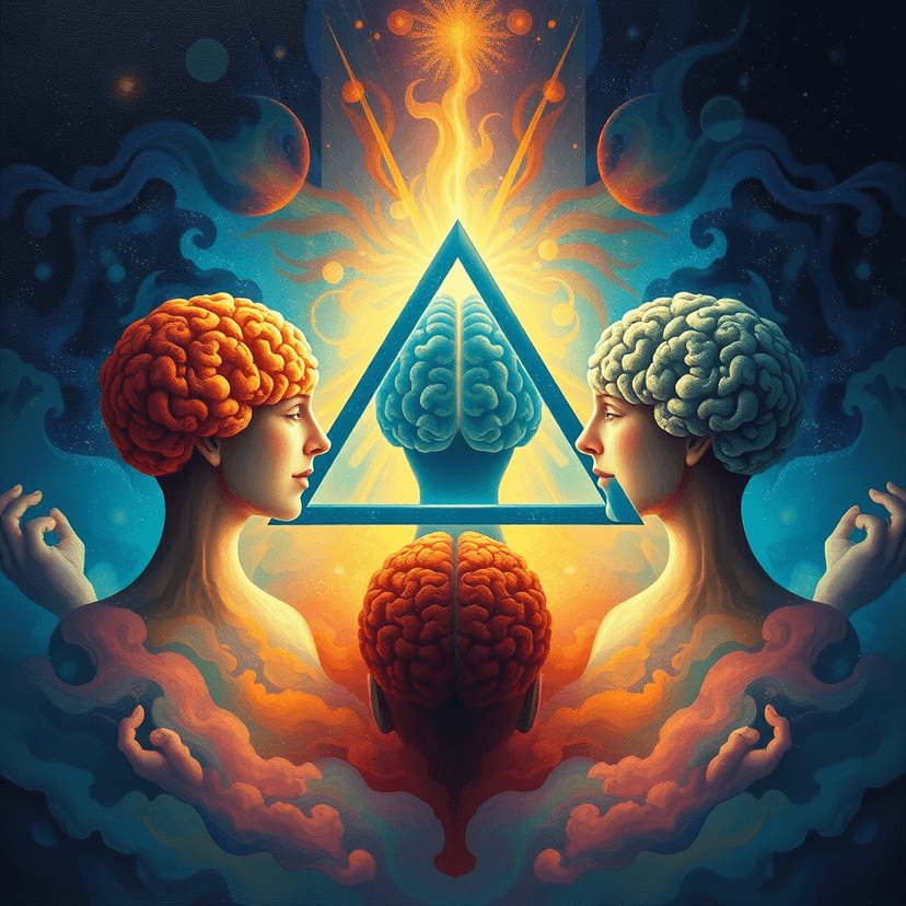 An illustration of three minds coming together, forming a radiant triangle, symbolizing the power of the Master Mind.