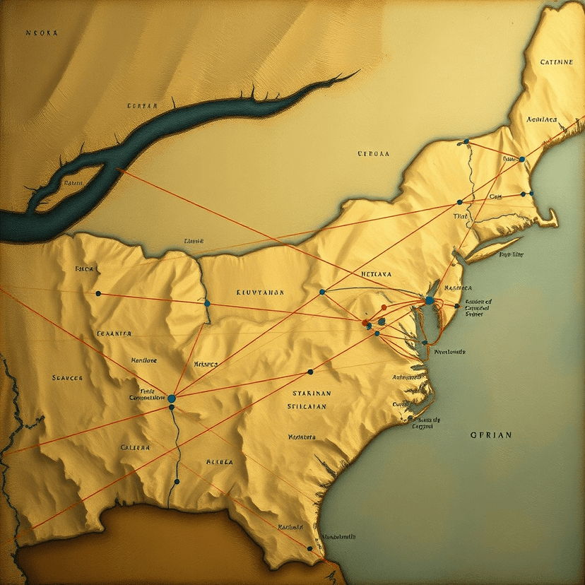 A map of the thirteen colonies, gradually connecting with lines of communication, signifying the growing network of the Committees of Correspondence.