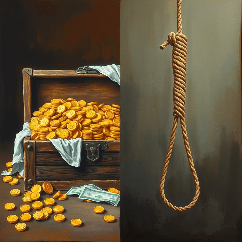 A split image: on one side, a chest overflowing with gold coins and luxurious possessions, and on the other, a noose hanging against a stark background.