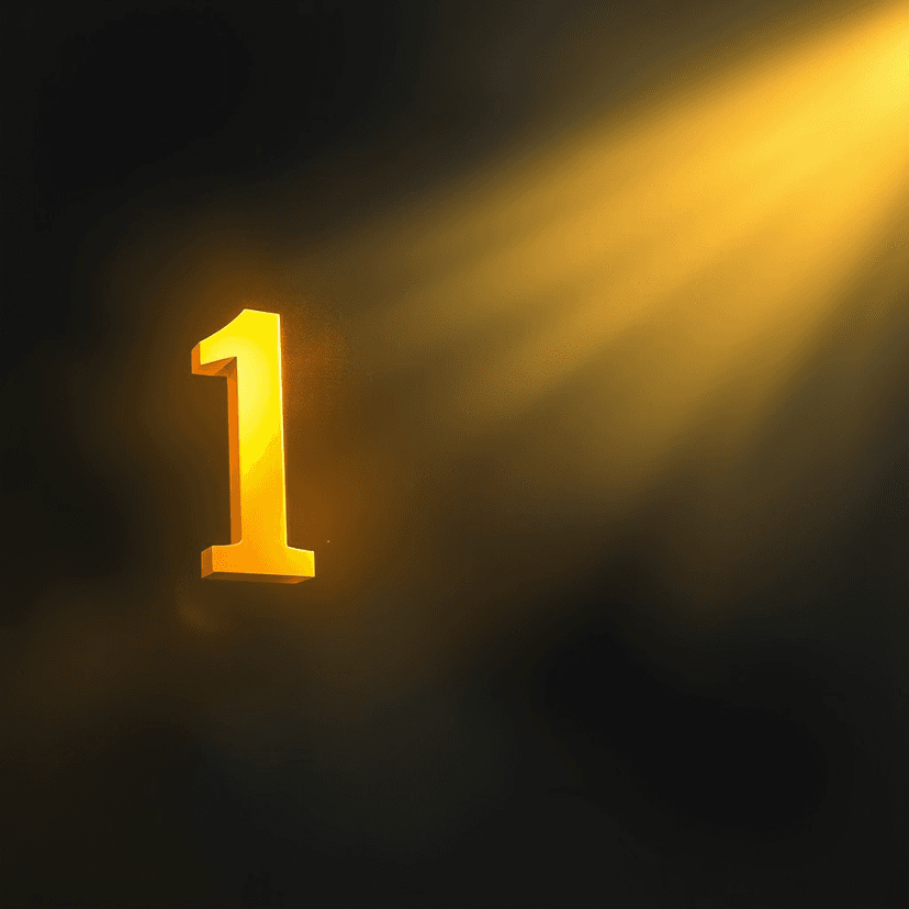 A single, bright beam of light cutting through darkness to illuminate a golden number '1' floating in the air.