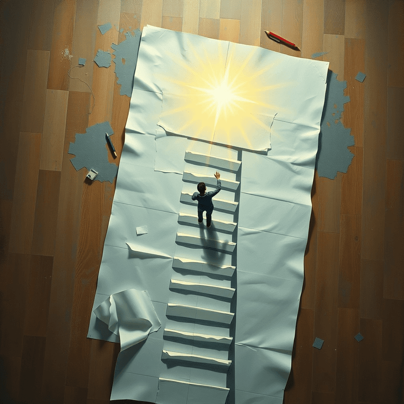 An aerial view of a person confidently climbing a staircase drawn on a sheet of paper, leading towards a shining goal at the top.