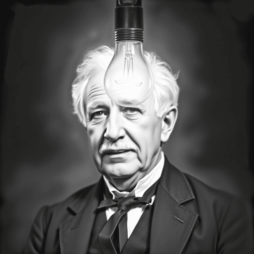 A black and white photo of Thomas Edison with a light bulb glowing brightly above his head, representing his inventive genius and endorsement.