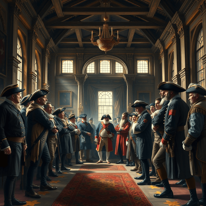A grand hall depicting a gathering of determined men in colonial attire, engaged in intense discussion and planning.