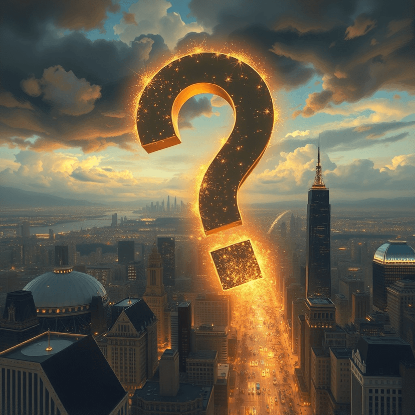 A giant question mark shimmering in the air above a bustling city, symbolizing the search for purpose and value.