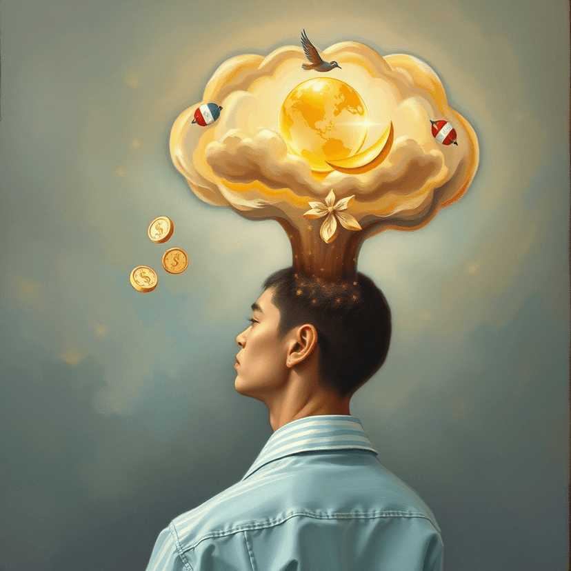 A thought bubble above a person's head, showing their dreams and aspirations transforming into a concrete plan for achieving wealth.