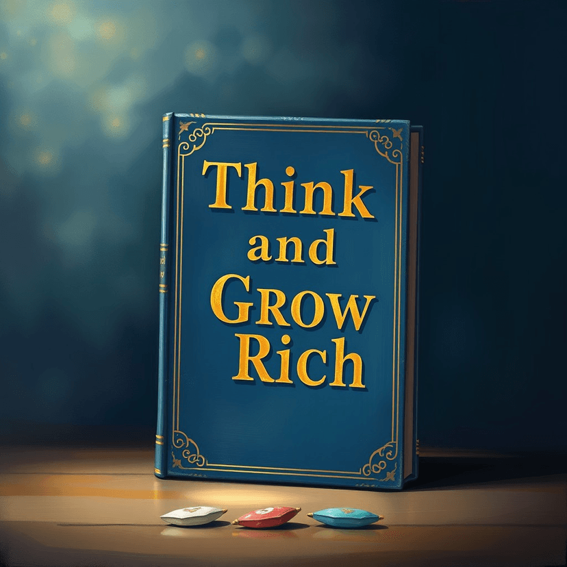 An intriguing vintage book cover titled "Think and Grow Rich" with gold lettering on a deep blue background, surrounded by an ethereal glow.