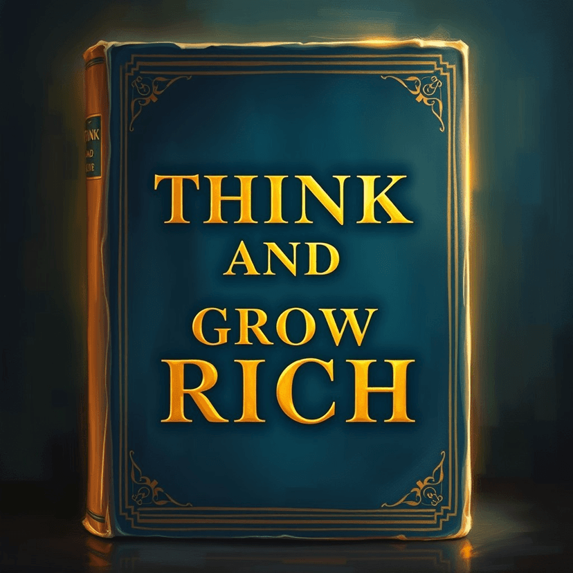 An intriguing vintage book cover titled "Think and Grow Rich" with gold lettering on a deep blue background, surrounded by an ethereal glow.
