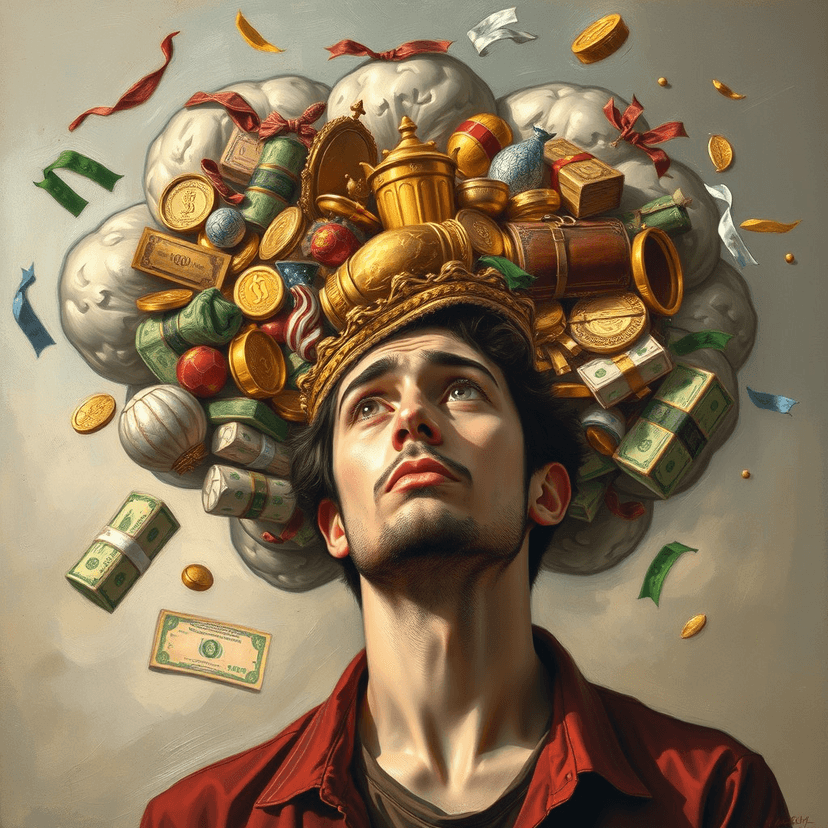 A thought bubble above a person's head, showing them surrounded by wealth and abundance, but their expression shows doubt and uncertainty.