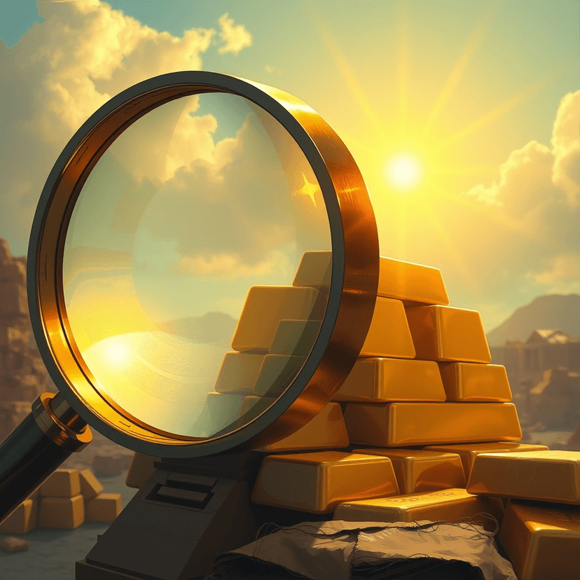 A giant magnifying glass focusing sunlight onto a stack of gold bars, emphasizing the importance of focused effort in achieving wealth.
